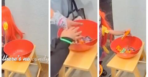 kids put their own candy in empty bowl on halloween while trick-or-treating