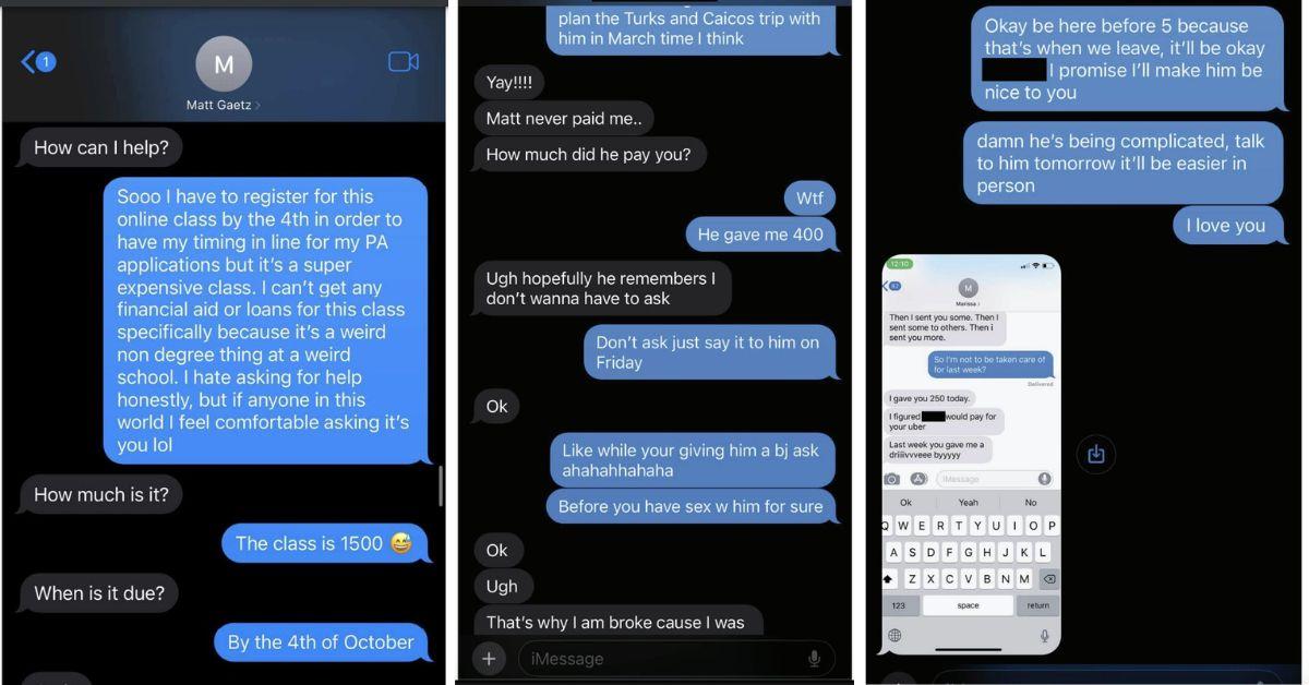 Screenshots of various texts from and about Matt Gaetz. 