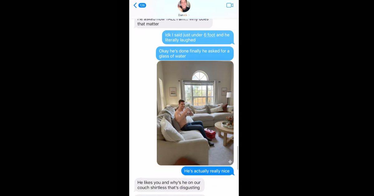 Woman pranks boyfriend with AI shirtless plumber joke.