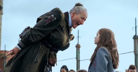 (L to R) Emma Thompson as Agatha Trunchbull, Alisha Weir as Matilda