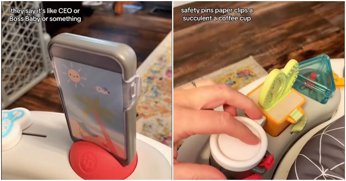 Viral video of mom explaining that her baby's bouncer toy is like a baby's first cubicle.