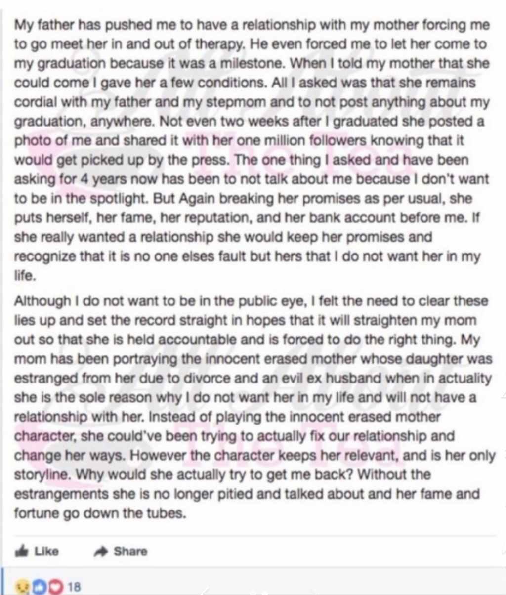 tamra judge daughter sidney facebook post 2017 about estrangement from her mom