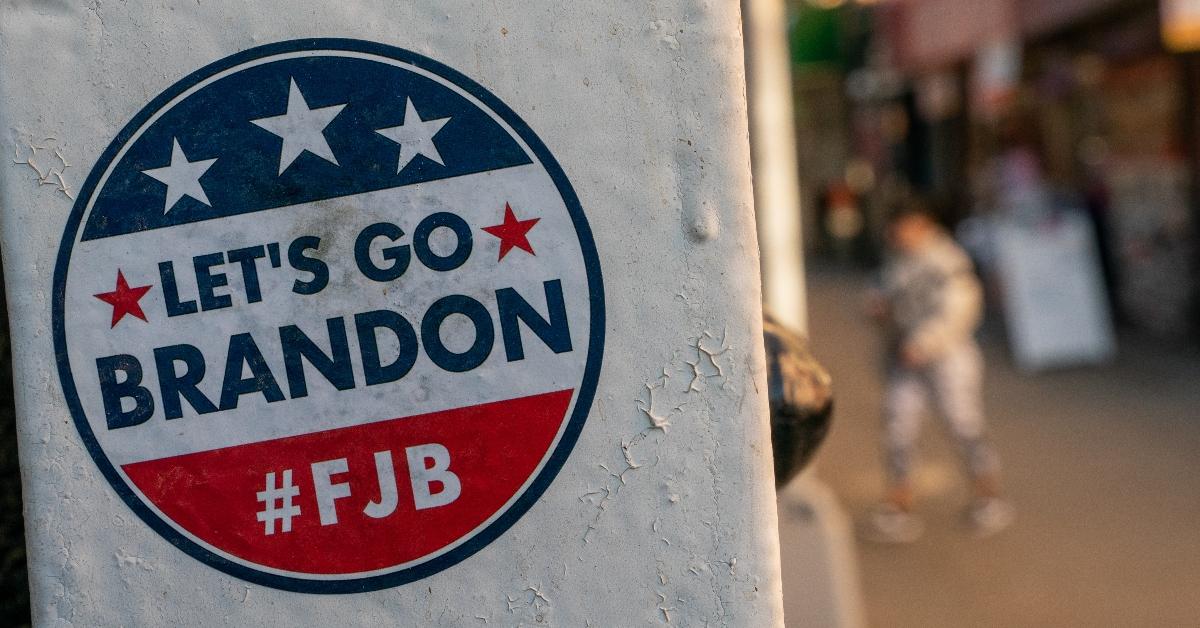 A Lets Go Brandon sticker is seen near a polling site on November 8, 2022 in New York City.