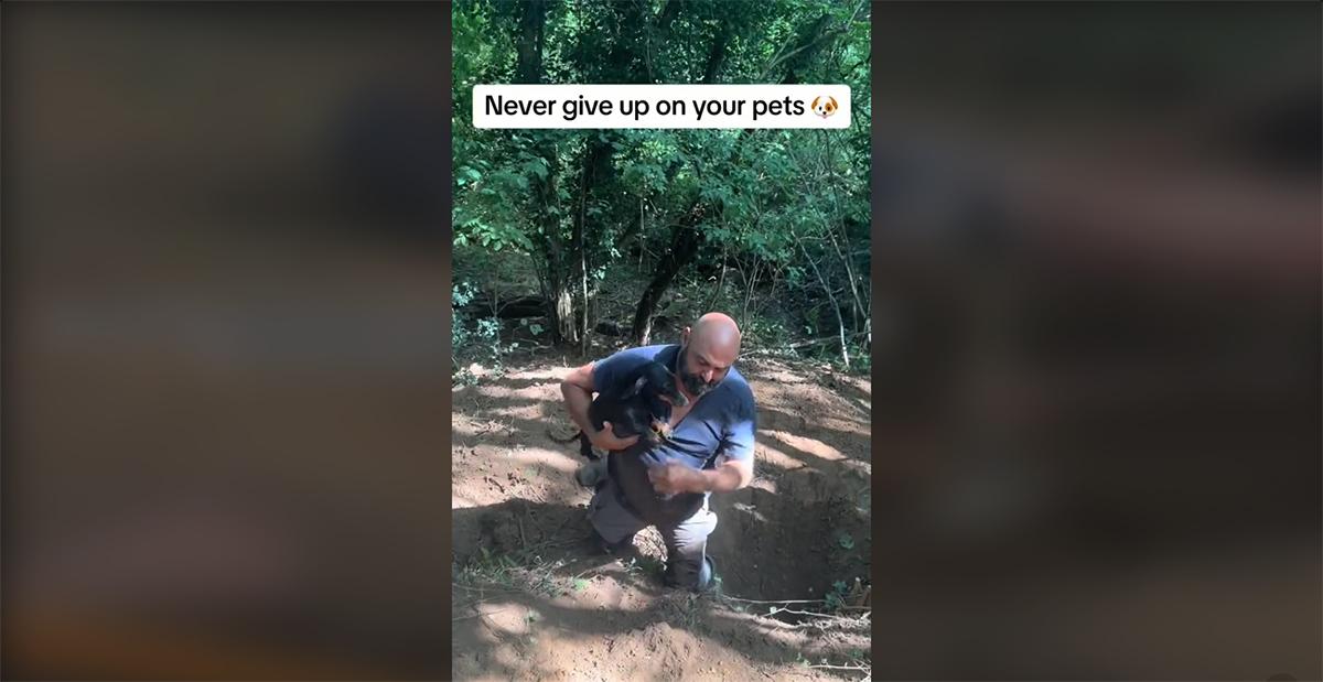 A family finds their pet dachshund under ground