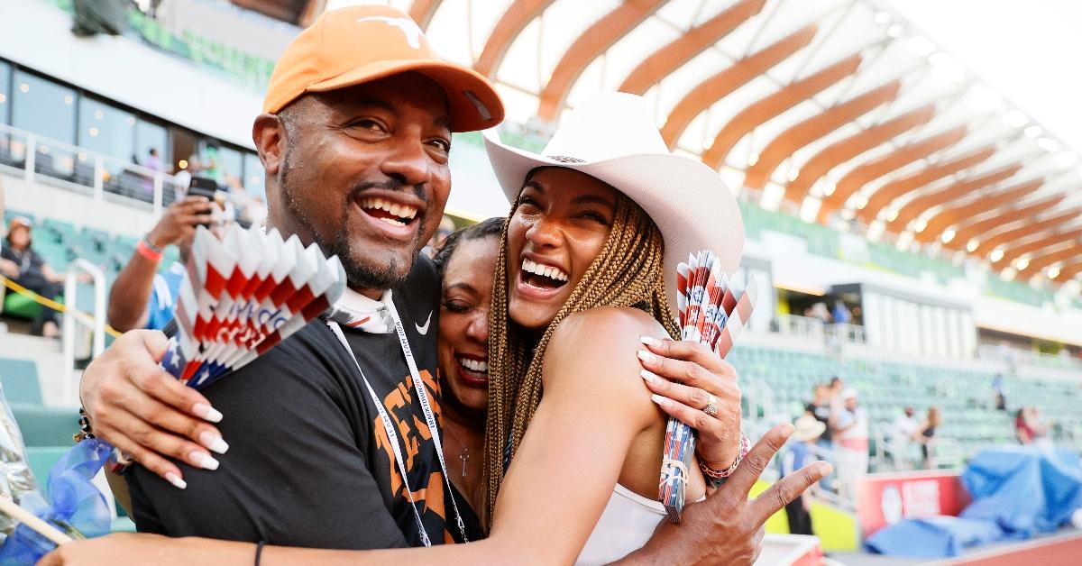 EUGENE, OREGON - JUNE 26: Tara Davis, second place in the Women's Long Jump Final, celebrates with her mother Rayshon and father Ty Davis on day nine of the 2020 U.S. Olympic Track & Field Team Trials at Hayward Field on June 26, 2021 in Eugene, Oregon. (Photo by Steph Chambers/Getty Images)