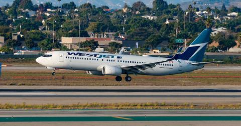 A WestJet airplane leaving the runway