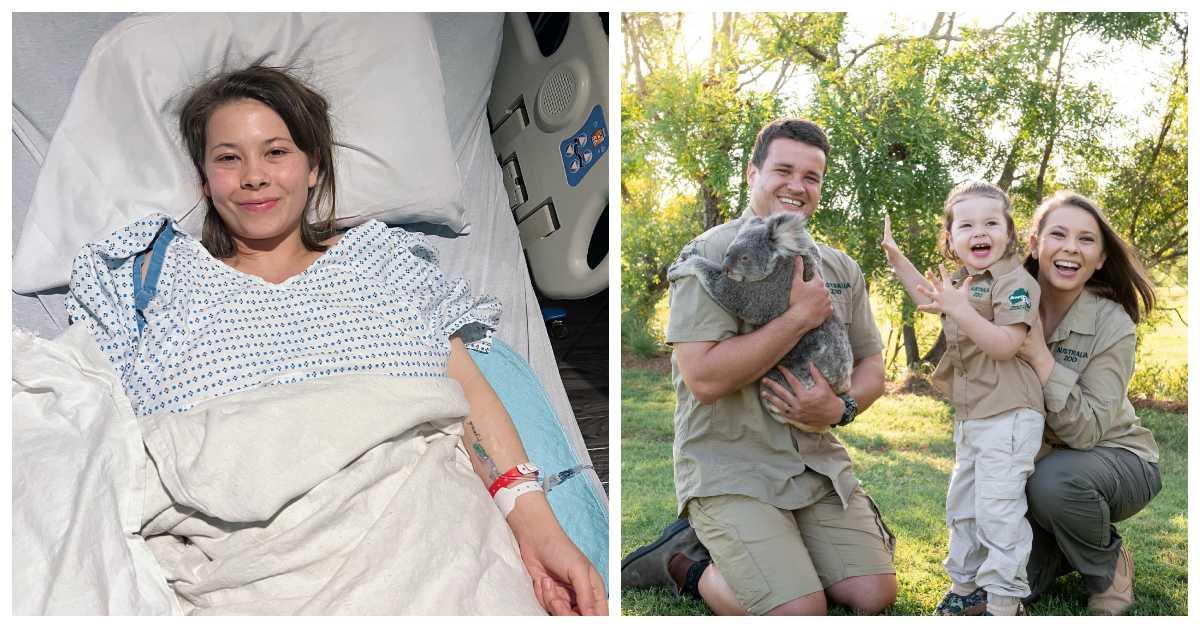 Bindi Irwin in hospital bed and with her family