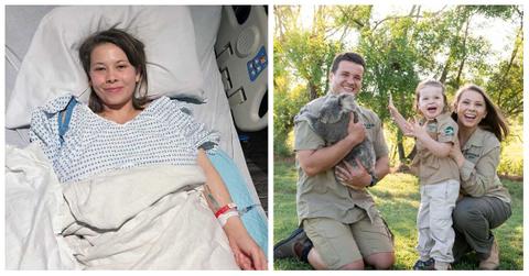 Bindi Irwin in hospital bed and with her family