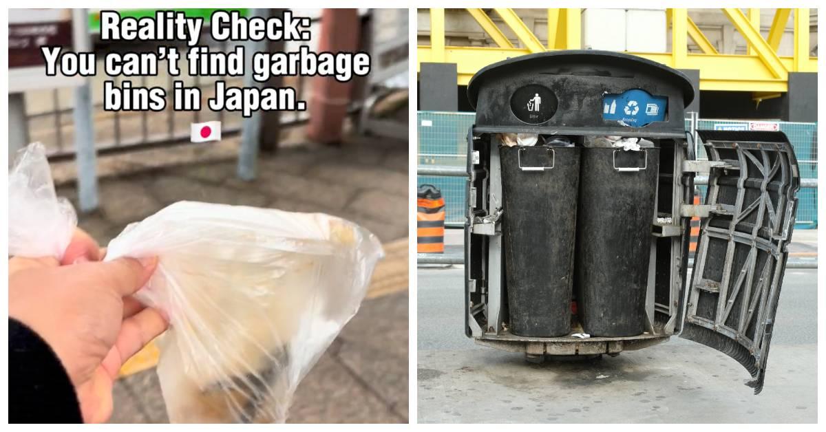 Person holding garbage in Japan and garbage cans