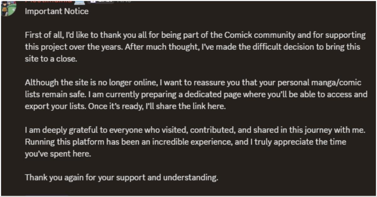 Official statment from owner of Comick