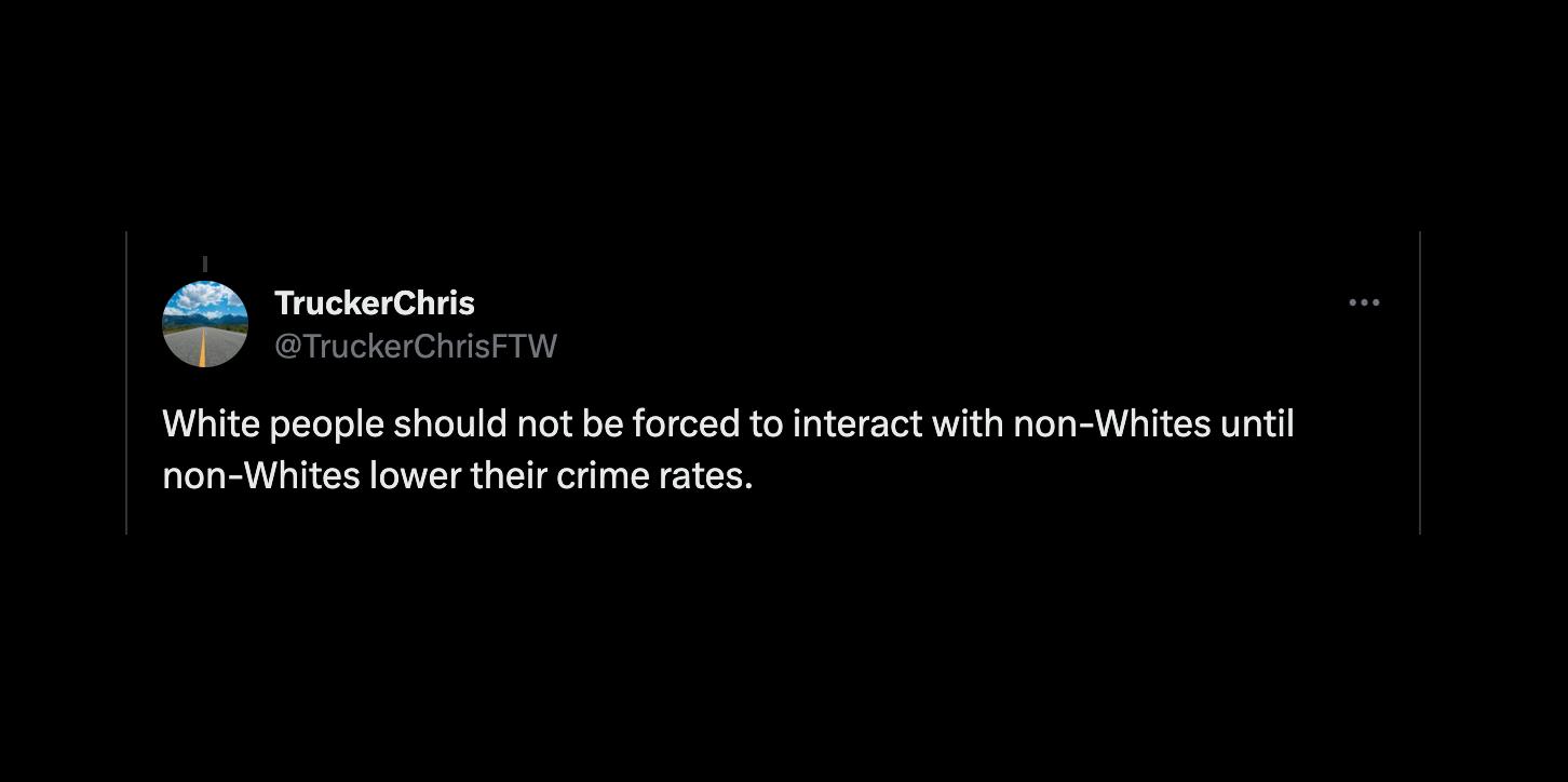 A commenter saying that white people shouldn't be forced to interact with non-whites