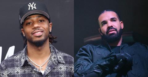 Metro Boomin wearing Yankees hat and smiling in 2023 and Drake wearing all black clothing in 2022