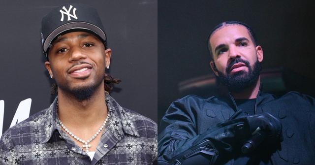 Metro Boomin wearing Yankees hat and smiling in 2023 and Drake wearing all black clothing in 2022