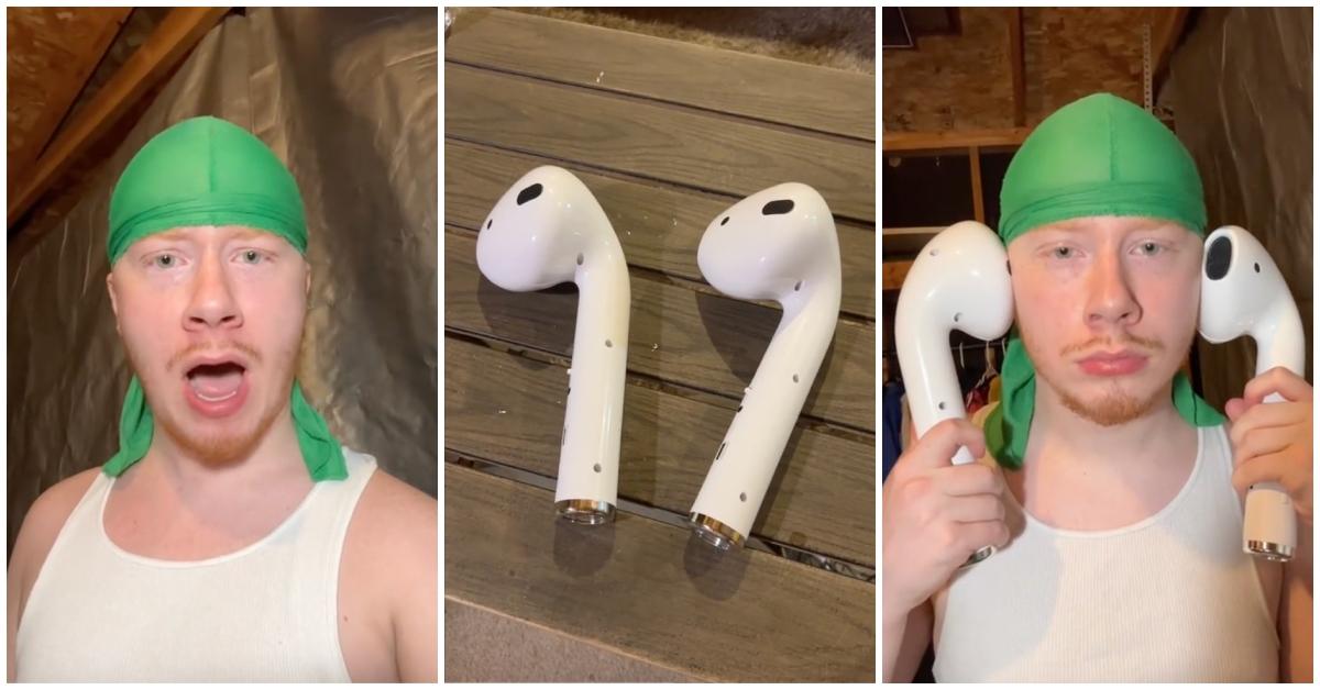 man shows oversized airpods