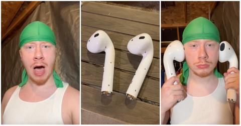 man shows oversized airpods
