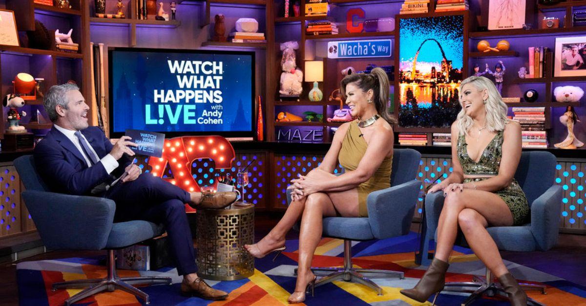 (l-r): Andy Cohen, Emily Simpson, and Gina Kirschenheiter at 'WWHL' in September 2023