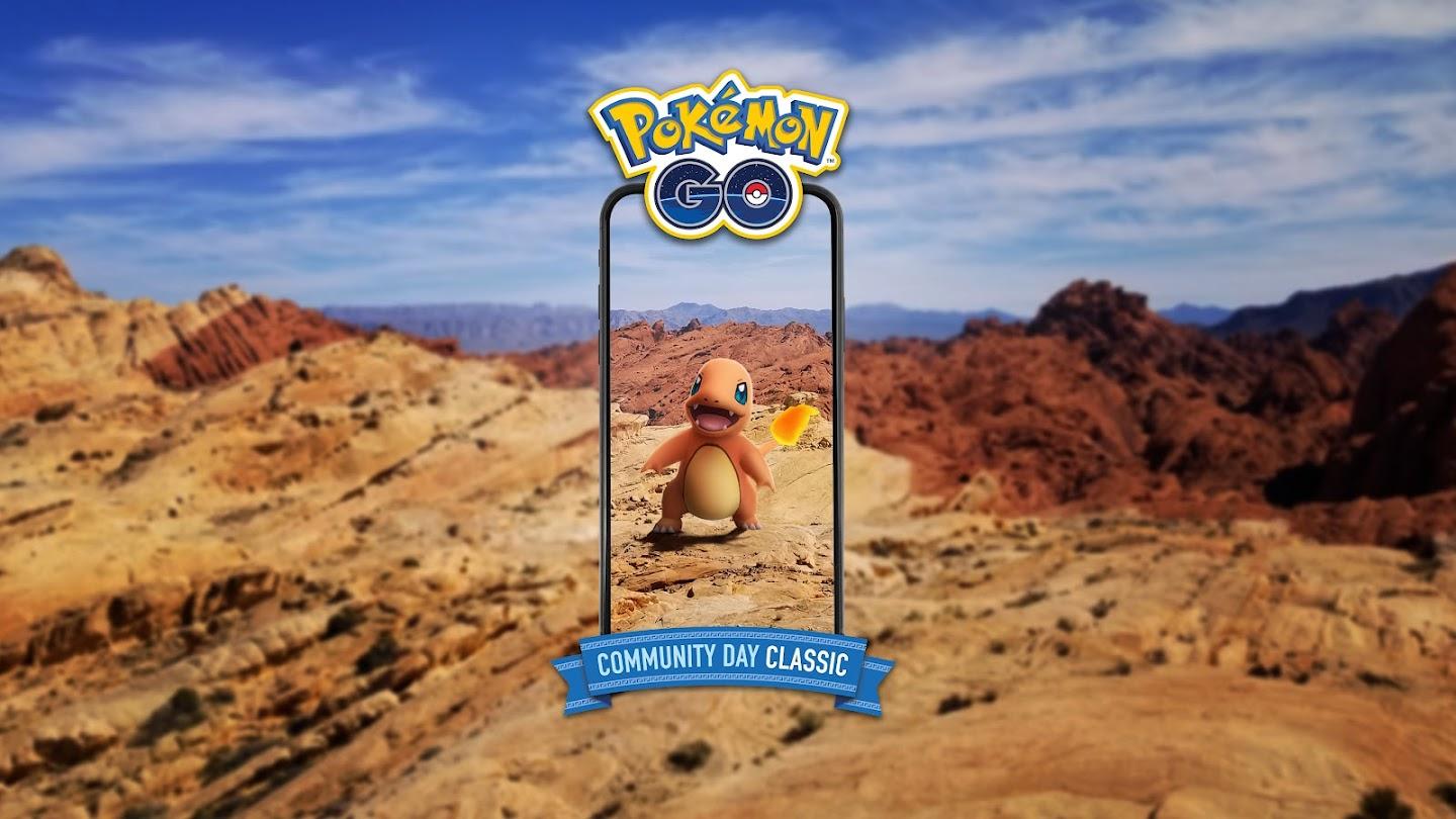 Charmander的“神奇寶貝Go”促銷藝術站在岩石沙漠中。