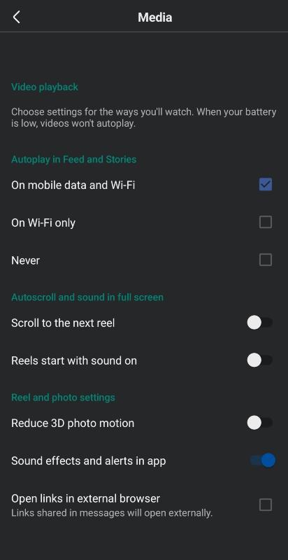 Facebook settings to turn off sound for media.