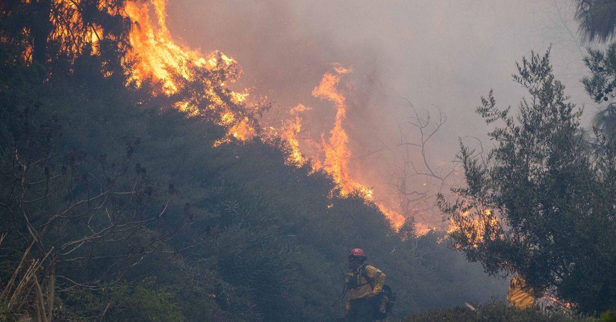 A firefighter fighting the Palisades fire in January.