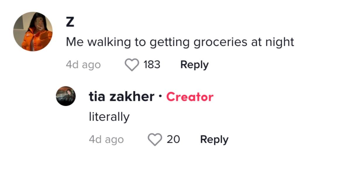 TikTok comments on @tiazakher's TikTok about dressing up as a man to make night uber eats deliveries