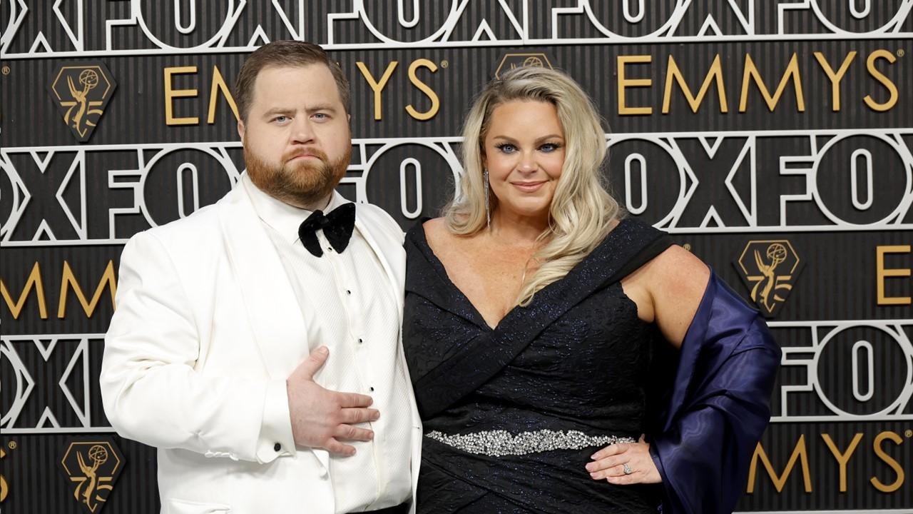 Paul Walter Hauser and his wife, Amy, attend the 75th Primetime Emmy Awards on Jan. 15, 2024 