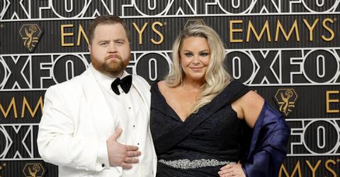 Paul Walter Hauser and his wife, Amy, attend the 75th Primetime Emmy Awards on Jan. 15, 2024