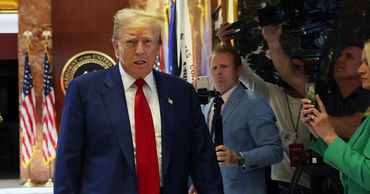 Donald Trump walking toward at lectern following his verdict. 