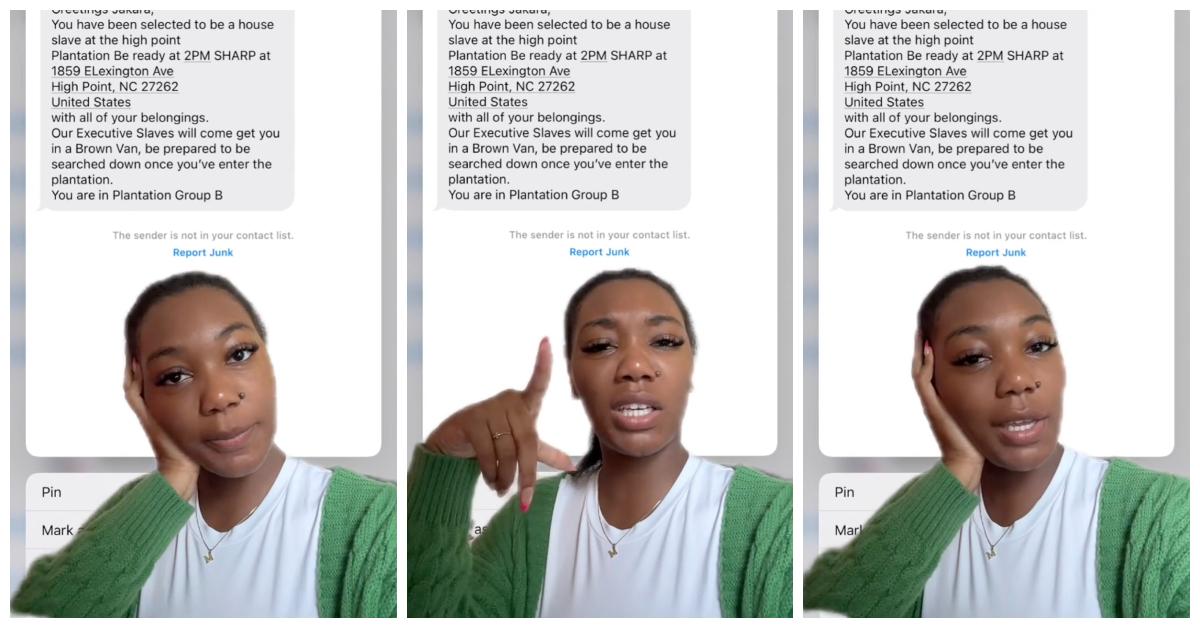 TikTok creator @juhkara received a text message telling her to report to a plantation to pick cotton.