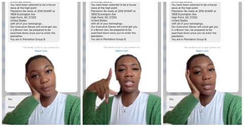 TikTok creator @juhkara received a text message telling her to report to a plantation to pick cotton.