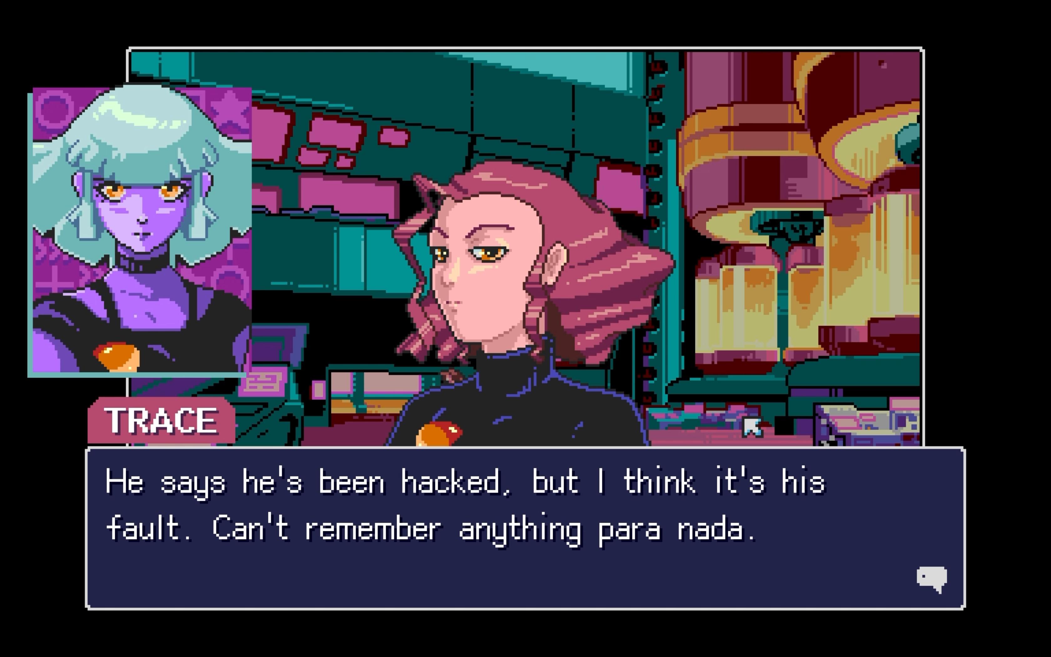 Read Only Memories: Neurodiver ES88 and Trace chatting inside Minerva.