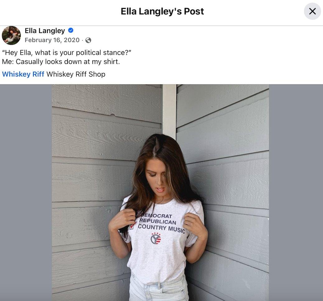 Ella Langley wearing a political shirt.