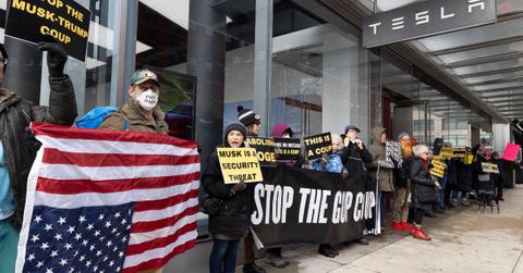 An upside down flag at a Trump protest in New York City.
