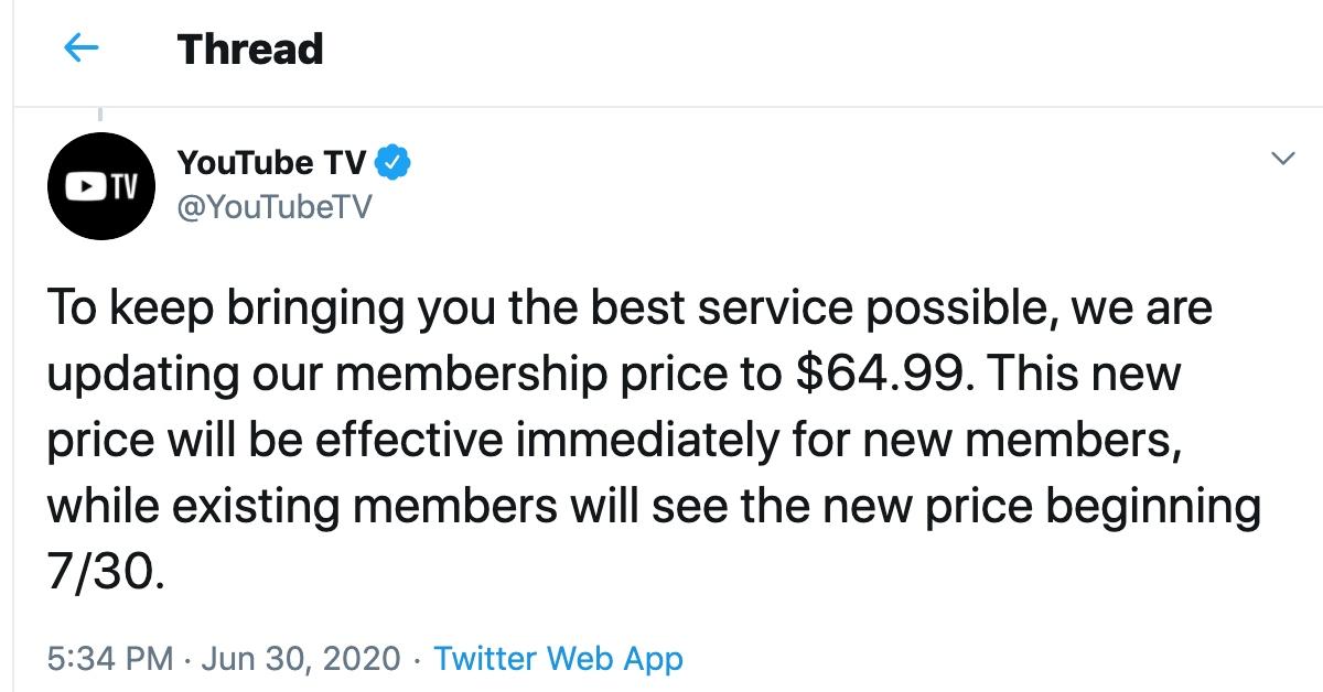 YouTube TV Price Increase Goes to 64.99 — and Twitter Is Livid