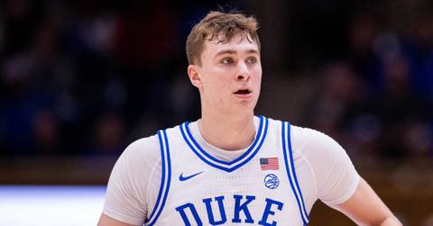 Cooper Flagg playing basketball for Duke University.