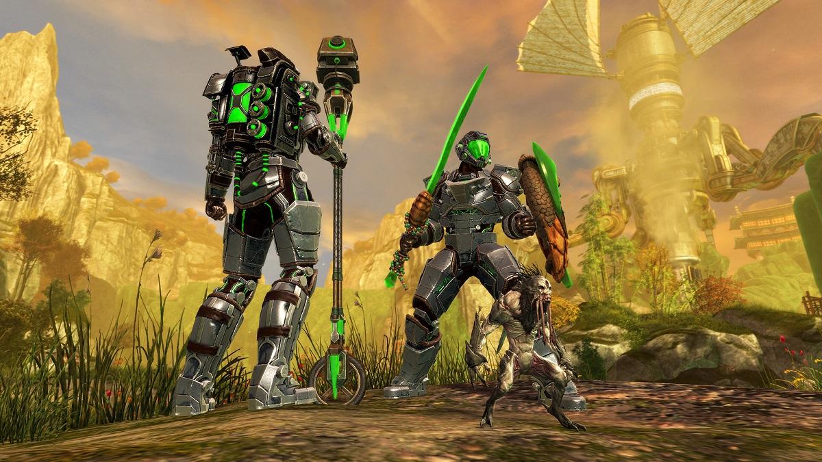 'Guild Wars 2' players dressed in green-themed mechanical suits.