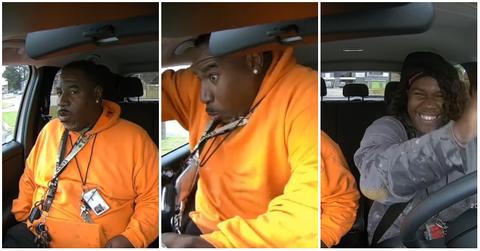 (l-r): A dad hitting a car window as his daughter laughs