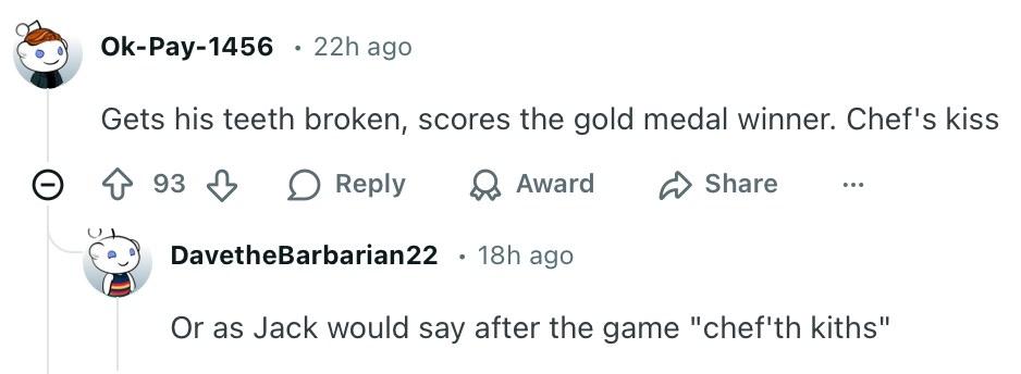 Comment on Jack Hughes's win during the Winter Olympics after getting his teeth knocked out.
