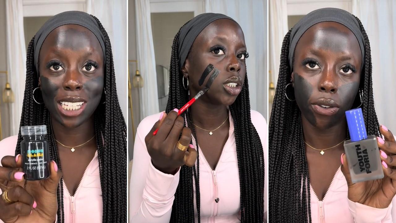 A TikToker comparing Youthforia Shade 600 foundation with black face paint