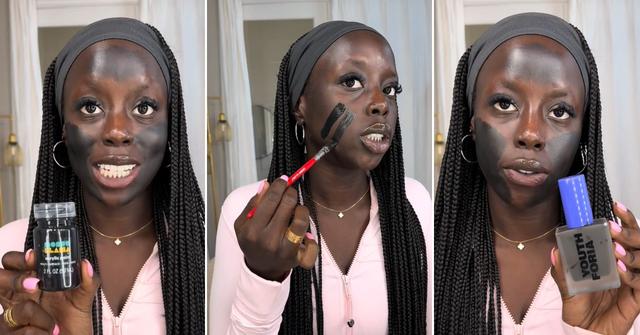 A TikToker comparing Youthforia Shade 600 foundation with black face paint