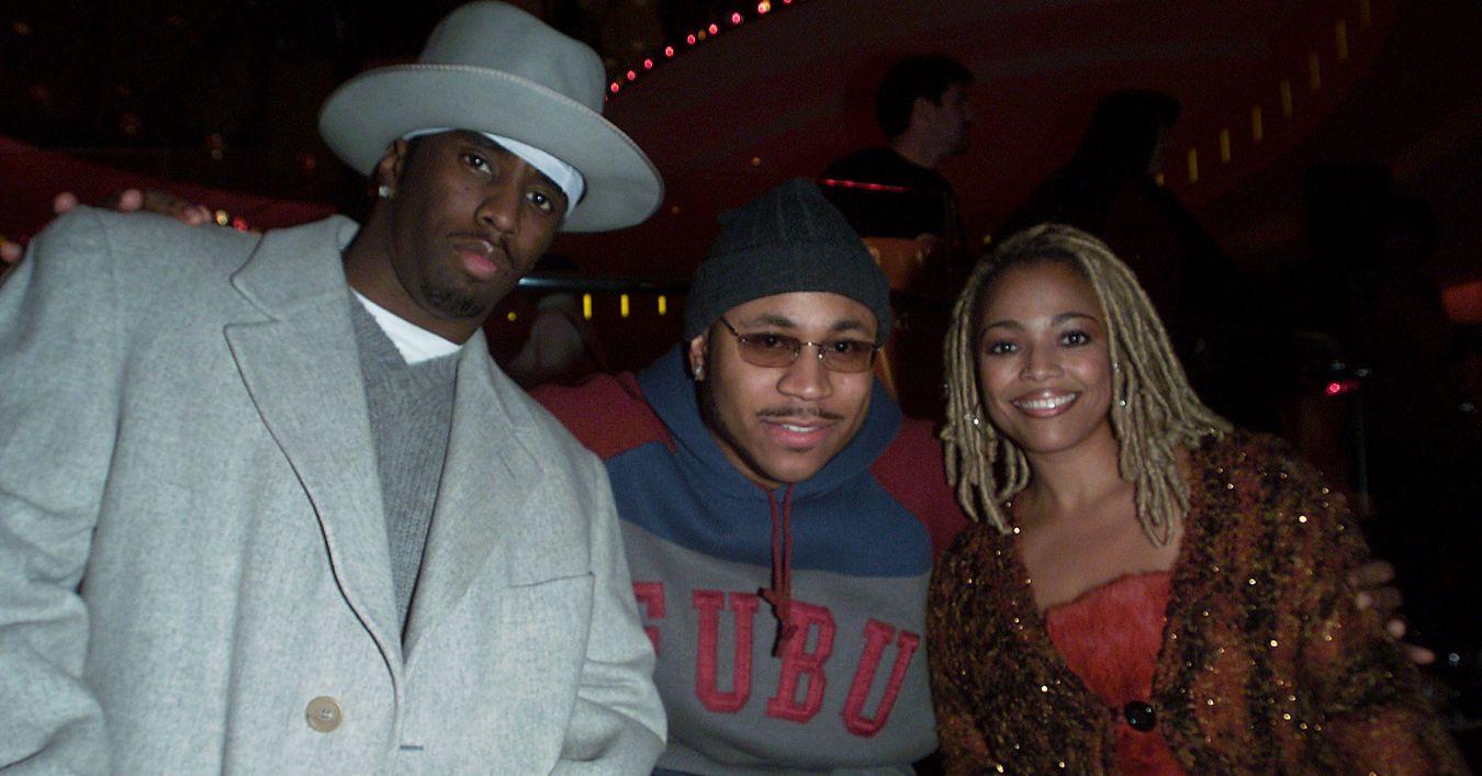(l-r): Diddy, LL Cool J wearing FUBU, and Kim Fields at an event.