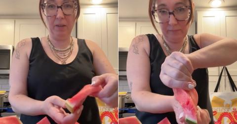 A woman showing how her watermelon bends in odd ways on TikTok