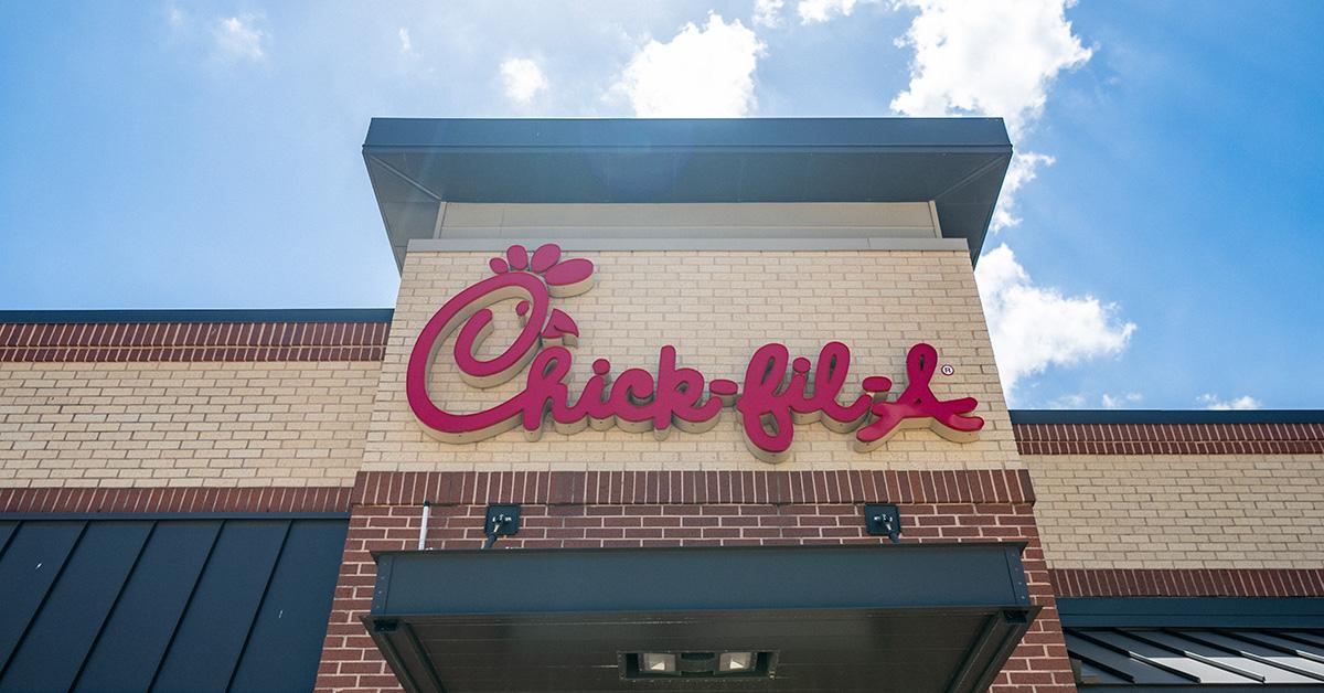 A Chick-Fil-A store shot at a low angle. 