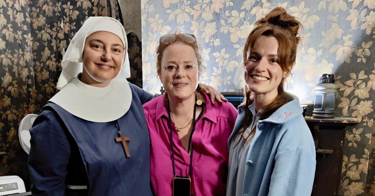 Rebecca Gethings, Sarah Esdaile, and Rose Riley on the set of 'Call the Midwife.'