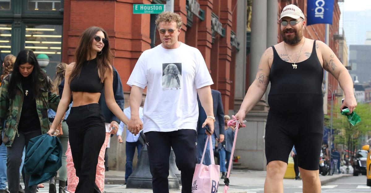 Emily Ratajkowski and The Fat Jewish and Emily's husband walk dogs in New York.