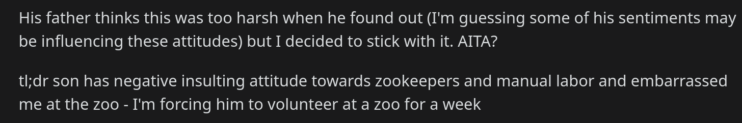 parent makes son volunteer at zoo