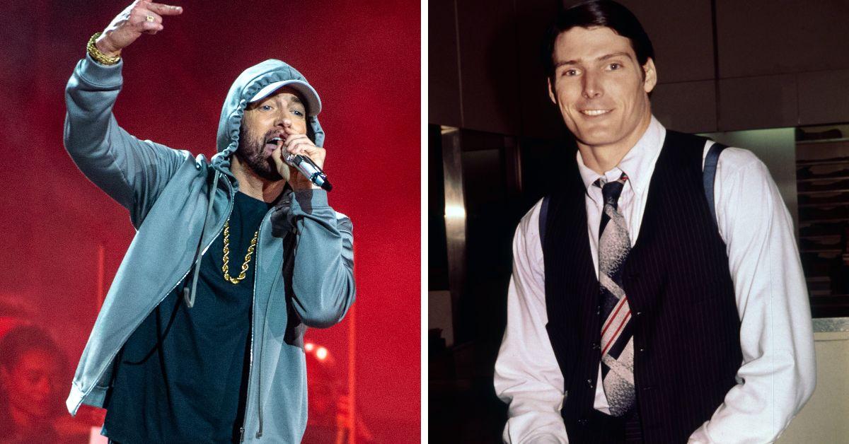 Eminem performs on stage; Christopher Reeves poses for a headshot