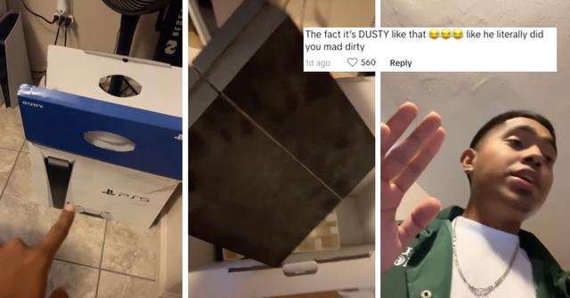 Adrian shows the PS4 he found in a PS5 box from Facebook marketplace