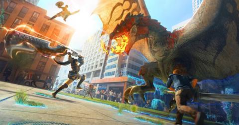 Promo art for 'Monster Hunter Now' of hunters battling a fire-breathing creature.