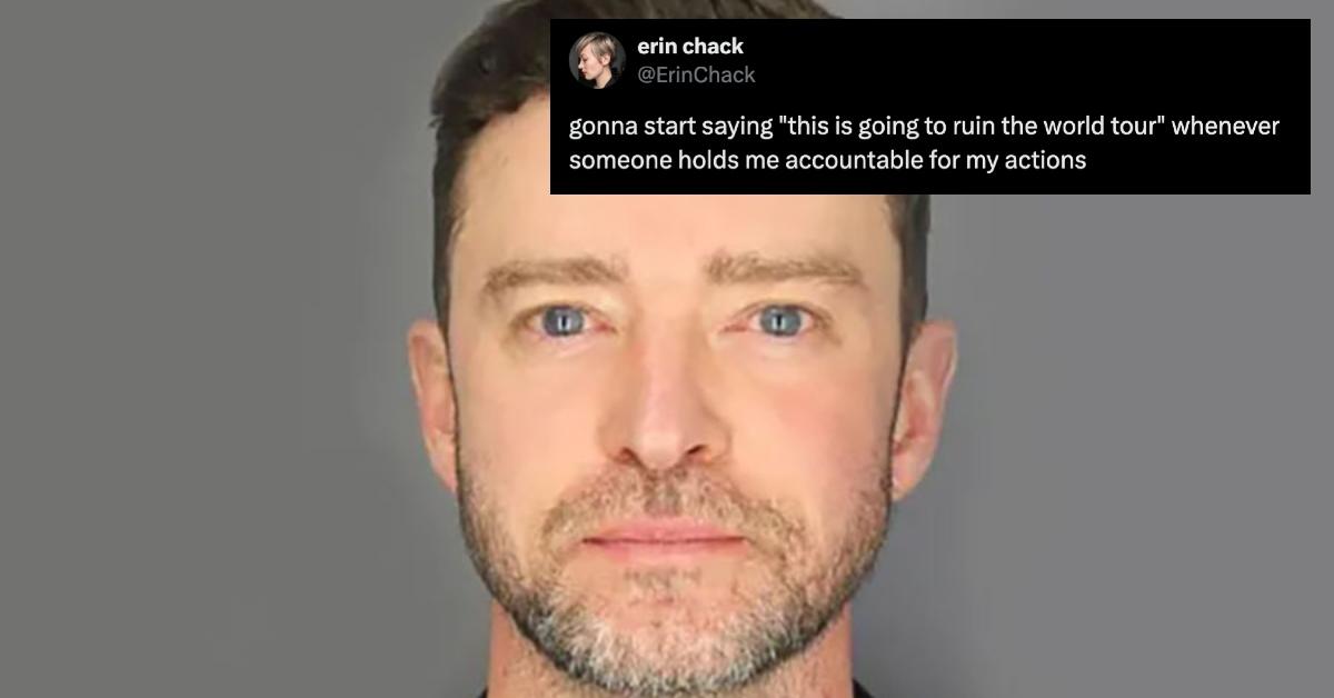 Screenshot of ruin the world tour tweet over Justin Timberlake mug shot