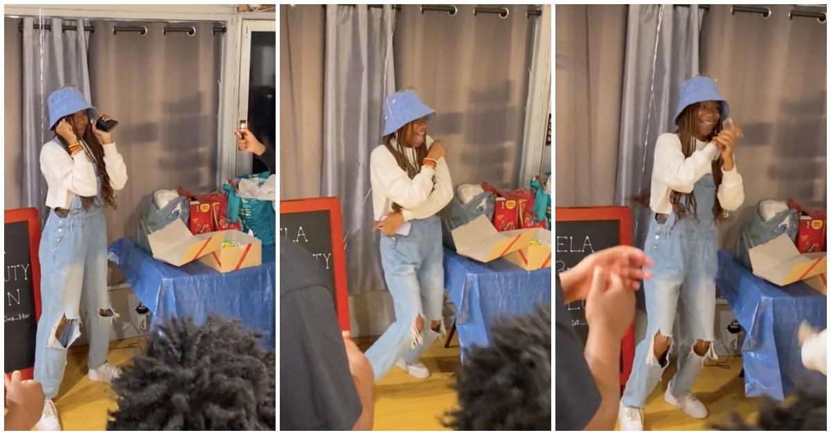 Black girl with bucket hat and overalls celebrates birthday and dances as friends sing the "Happy Birthday" song.